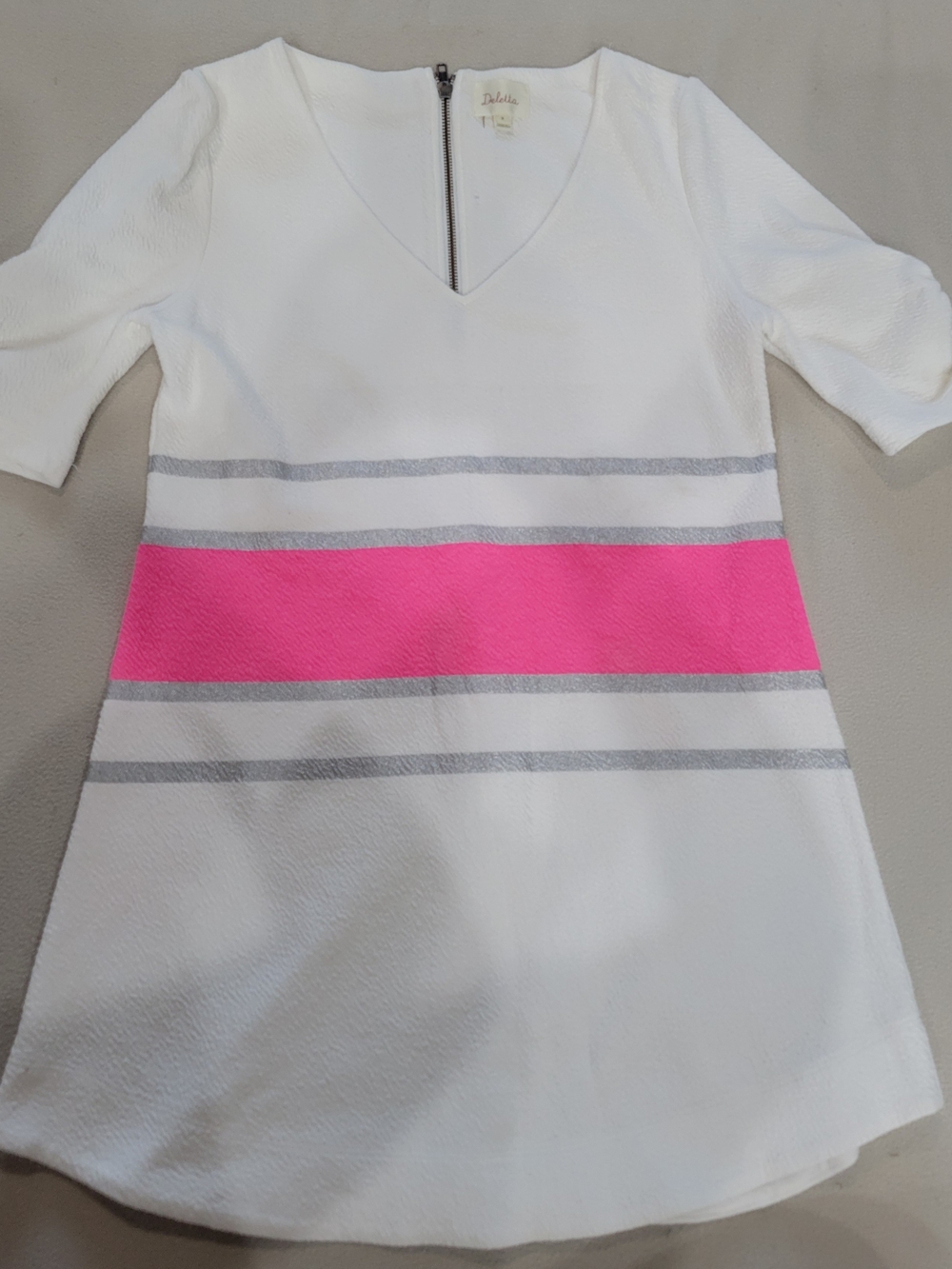 Deletta White Mini Dress with Pink and Silver Stripes